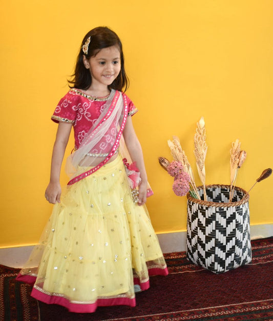 Fayon Kids Pink Cotton Yellow Boti Net Lehenga with Choli Boti Net Dupatta for Girls