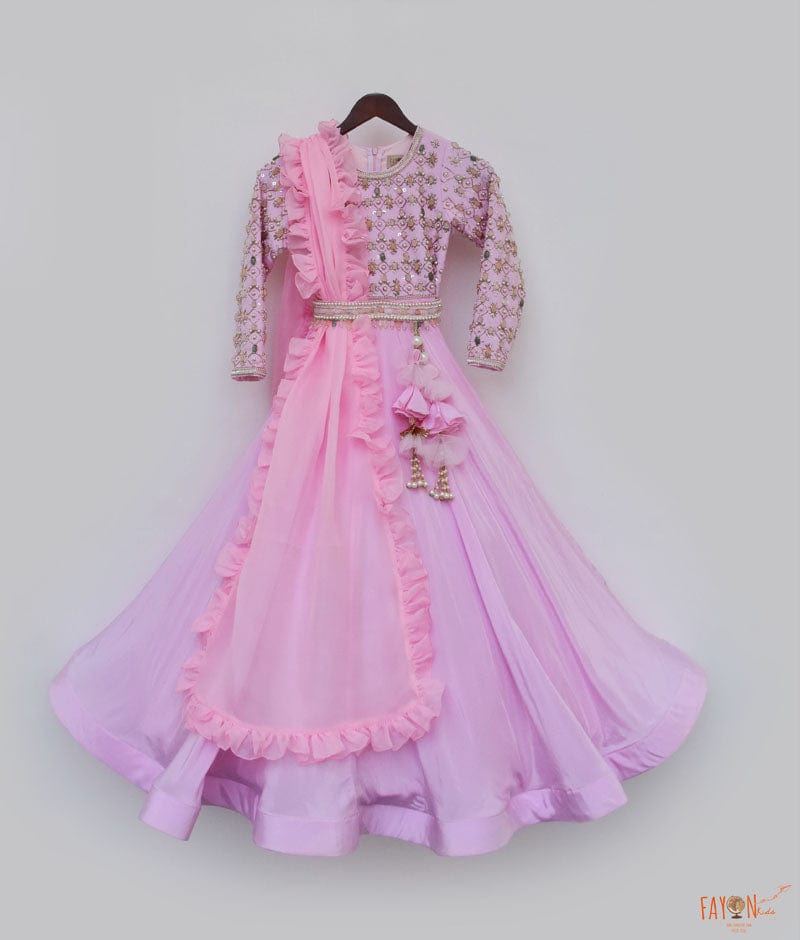 Fayon Kids Pink Crape Anarkali with Organza Dupatta for Girls