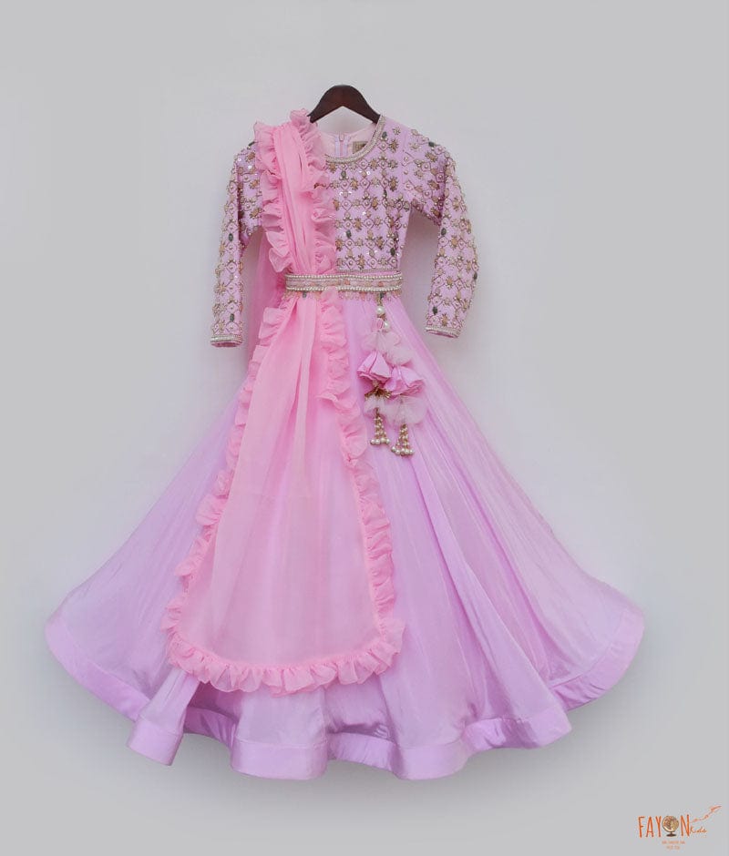 Pink Crepe Anarkali with Organza Dupatta for Girls
