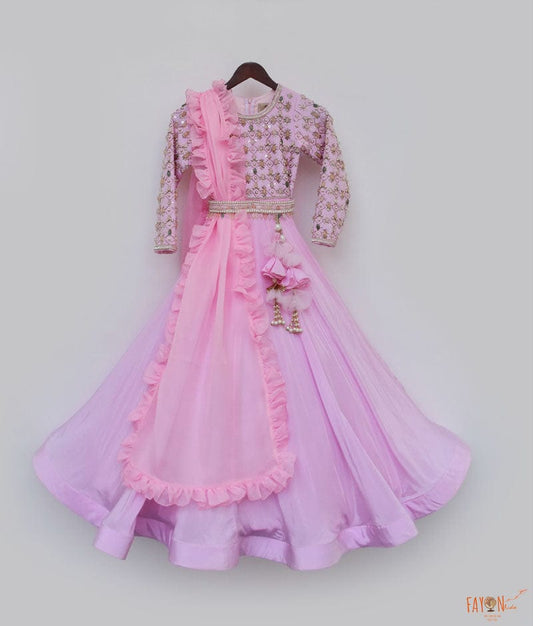 Pink Crepe Anarkali with Organza Dupatta for Girls