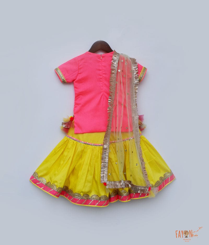 Fayon Kids Pink Croma Silk Yellow Cotton Silk Sharara with Kurti Boti Net Dupatta for Girls