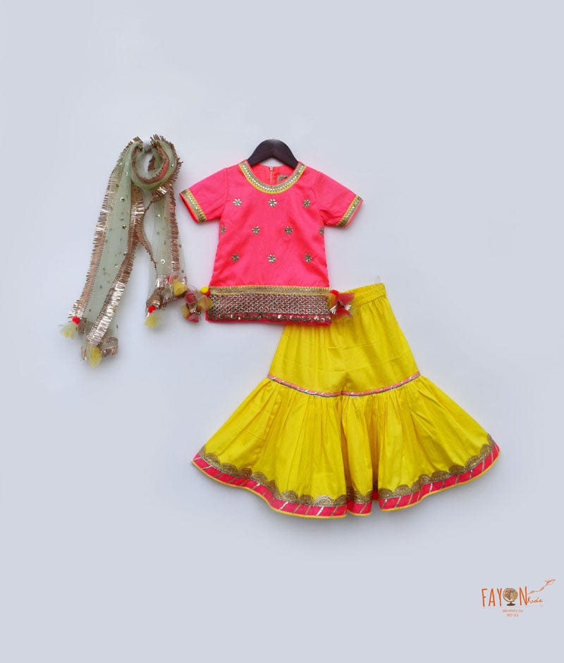 Fayon Kids Pink Croma Silk Yellow Cotton Silk Sharara with Kurti Boti Net Dupatta for Girls