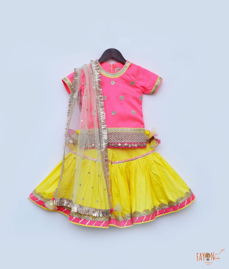 Fayon Kids Pink Croma Silk Yellow Cotton Silk Sharara with Kurti Boti Net Dupatta for Girls