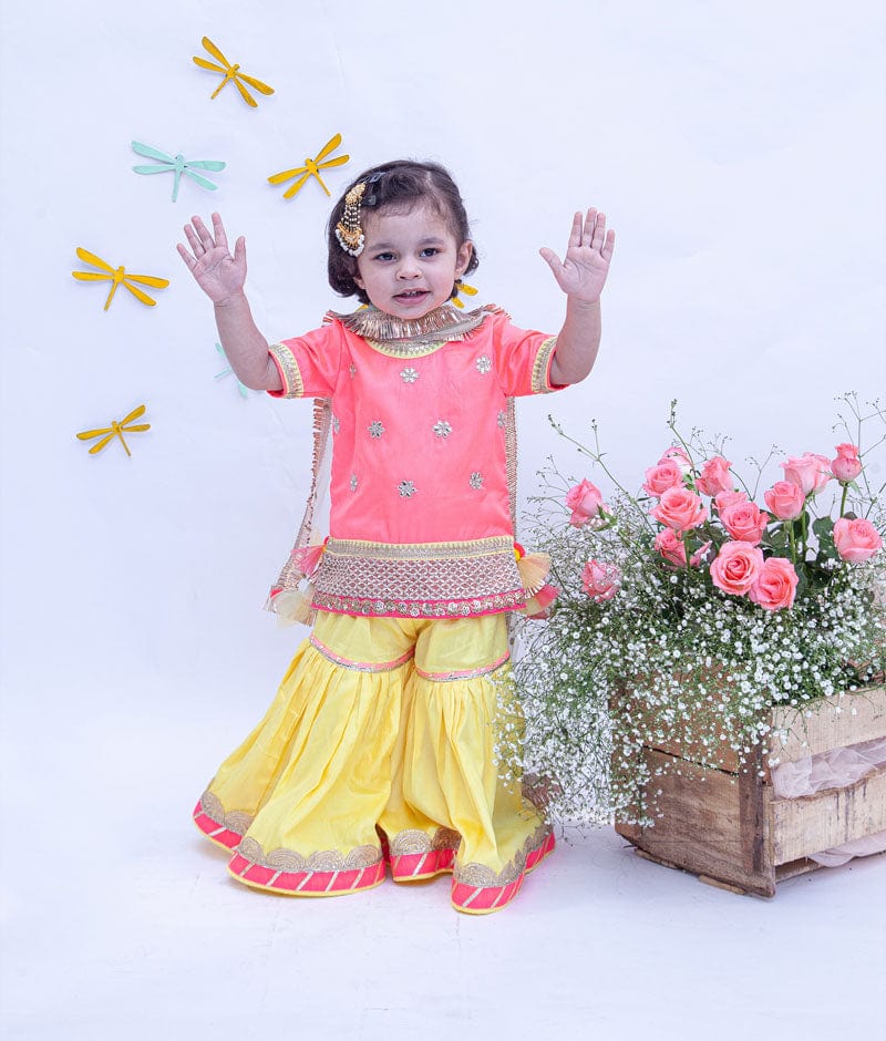 Fayon Kids Pink Croma Silk Yellow Cotton Silk Sharara with Kurti Boti Net Dupatta for Girls