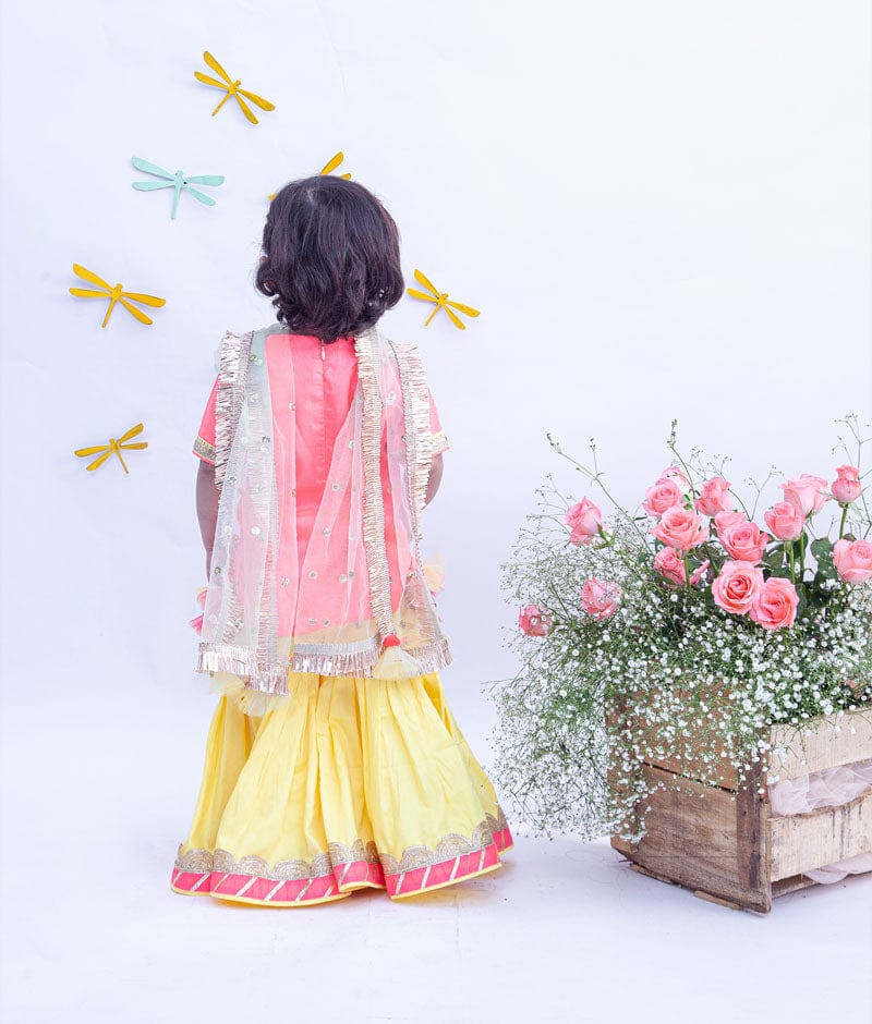Fayon Kids Pink Croma Silk Yellow Cotton Silk Sharara with Kurti Boti Net Dupatta for Girls