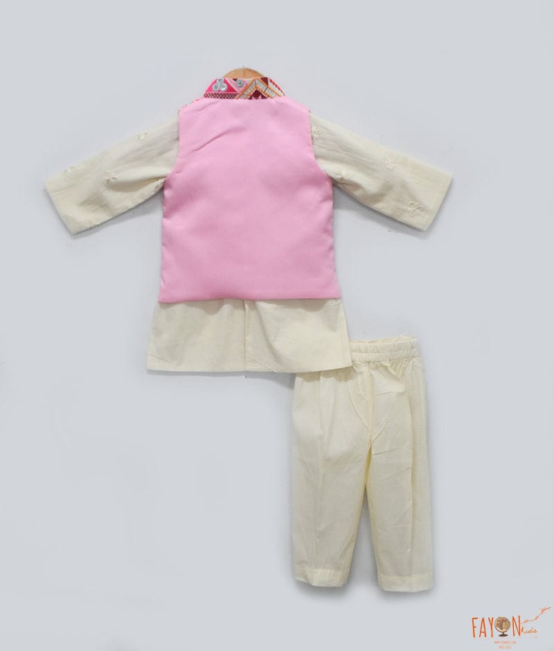 Fayon Kids Pink Embroidery Jacket and Off white Kurta Pant for Boys