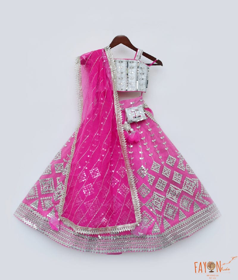 Fayon Kids Pink Embroidery Lehenga Silver Choli Dupatta for Girls