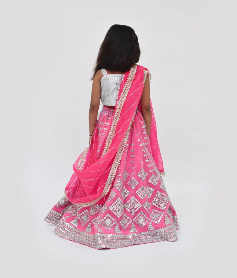 Fayon Kids Pink Embroidery Lehenga Silver Choli Dupatta for Girls