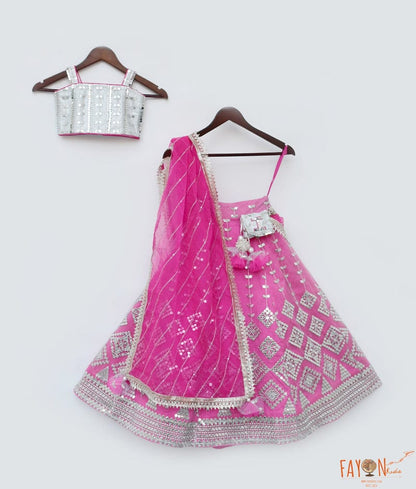 Fayon Kids Pink Embroidery Lehenga Silver Choli Dupatta for Girls