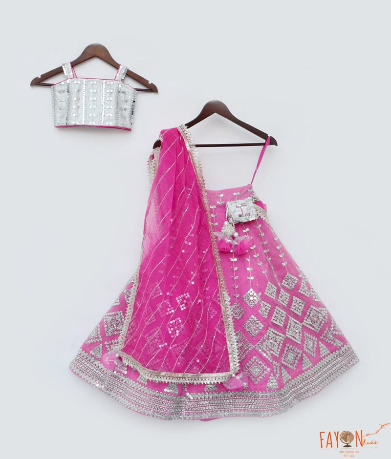 Pink Embroidery Lehenga Silver Choli Dupatta for Girls
