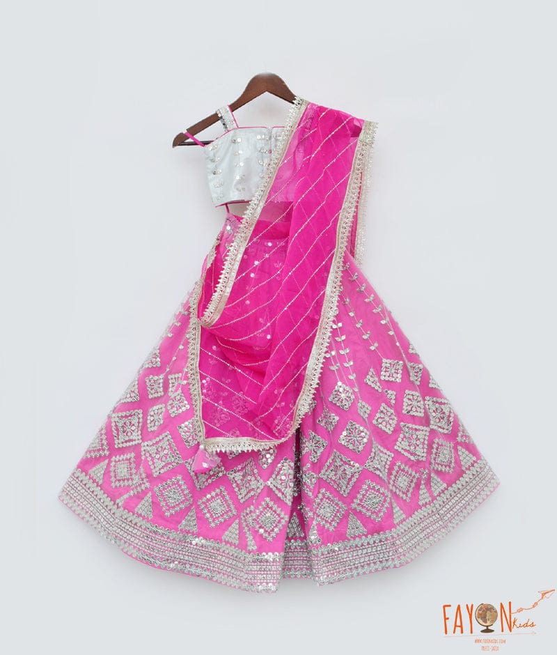 Fayon Kids Pink Embroidery Lehenga Silver Choli Dupatta for Girls