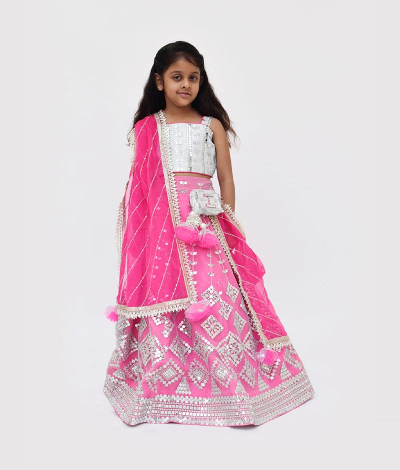 Fayon Kids Pink Embroidery Lehenga Silver Choli Dupatta for Girls