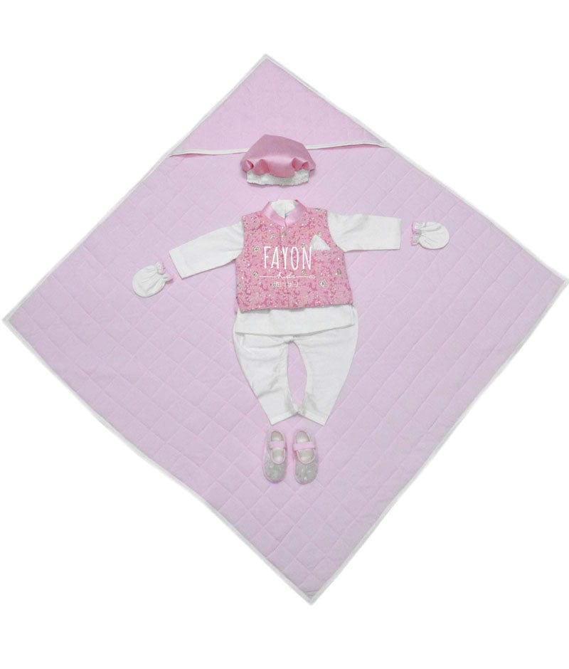 Fayon Kids Pink Embroidery Nehru Jacket Jamna Set for Boys