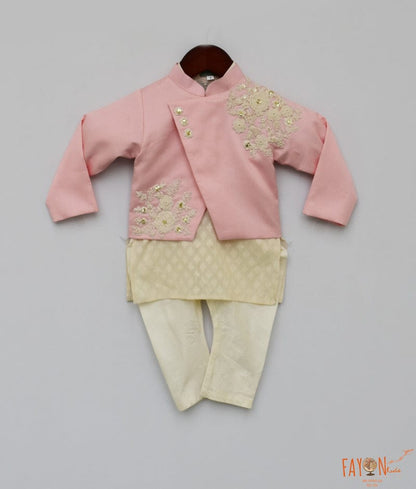 Fayon Kids Pink Embroidery Nehru Jacket with Kurta Chudidar for Boys