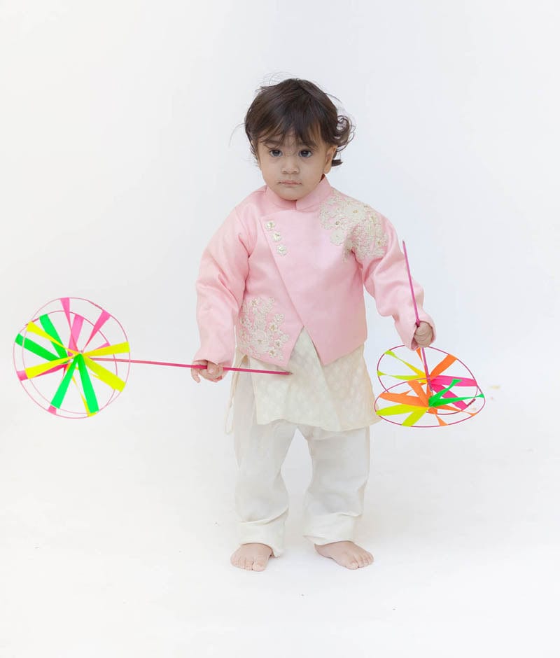 Fayon Kids Pink Embroidery Nehru Jacket with Kurta Chudidar for Boys