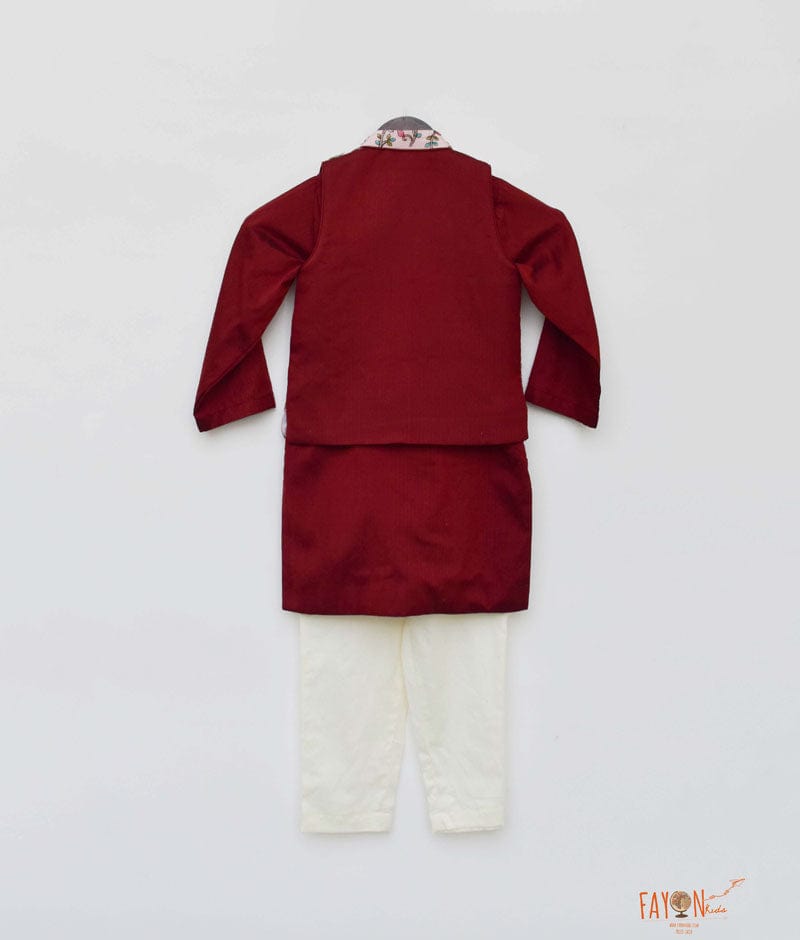 Fayon Kids Pink Embroidery Nehru Jacket with Maroon Kurta Pant for Boys