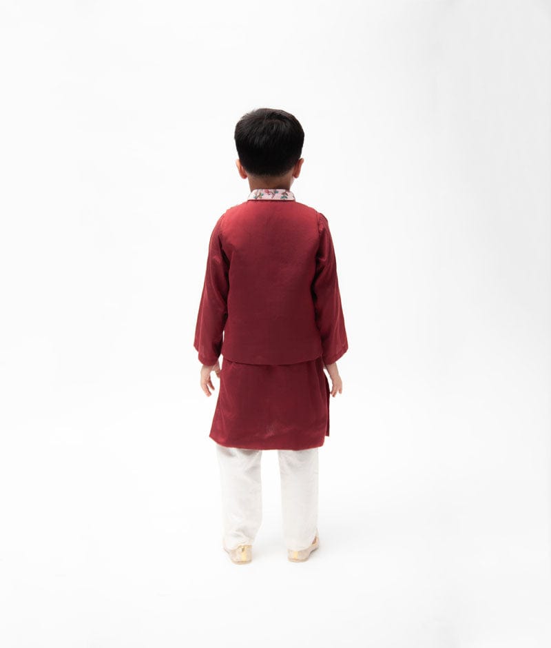 Fayon Kids Pink Embroidery Nehru Jacket with Maroon Kurta Pant for Boys