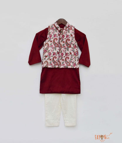 Fayon Kids Pink Embroidery Nehru Jacket with Maroon Kurta Pant for Boys