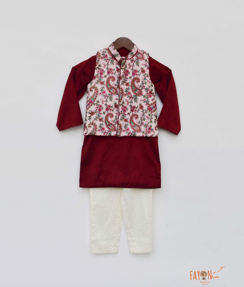 Pink Embroidery Nehru Jacket with Maroon Kurta Pant for Boys