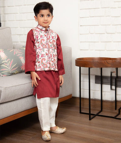 Fayon Kids Pink Embroidery Nehru Jacket with Maroon Kurta Pant for Boys