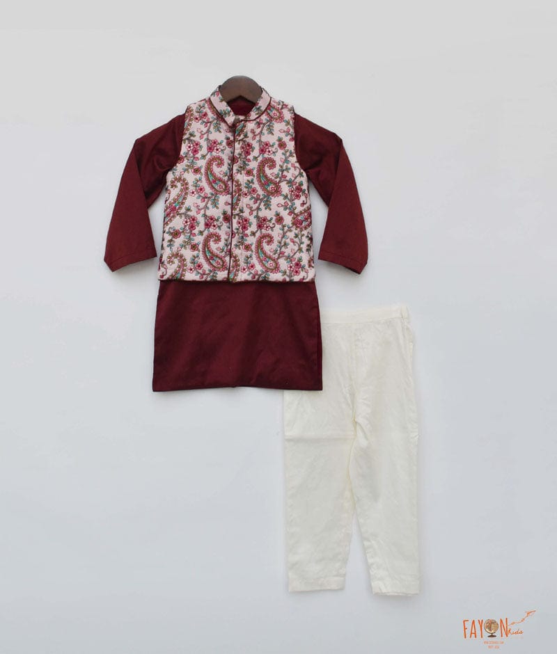 Pink Embroidery Nehru Jacket with Maroon Kurta Pant for Boys