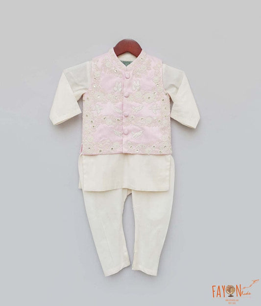 Pink Embroidery Nehru Jacket with Off white Kurta Chudidar for Boys