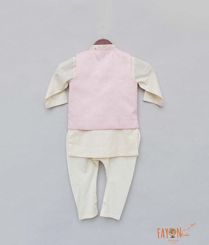 Fayon Kids Pink Embroidery Nehru Jacket with Off white Kurta Chudidar for Boys