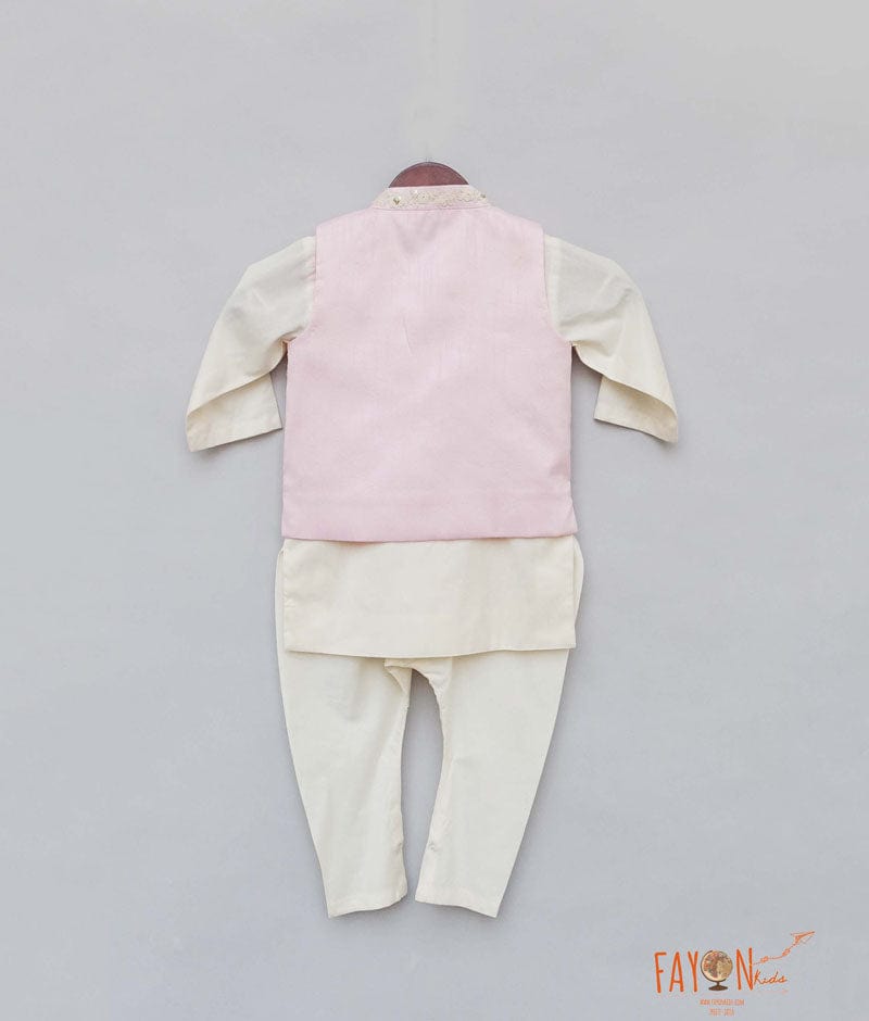 Pink Embroidery Nehru Jacket with Off white Kurta Chudidar for Boys