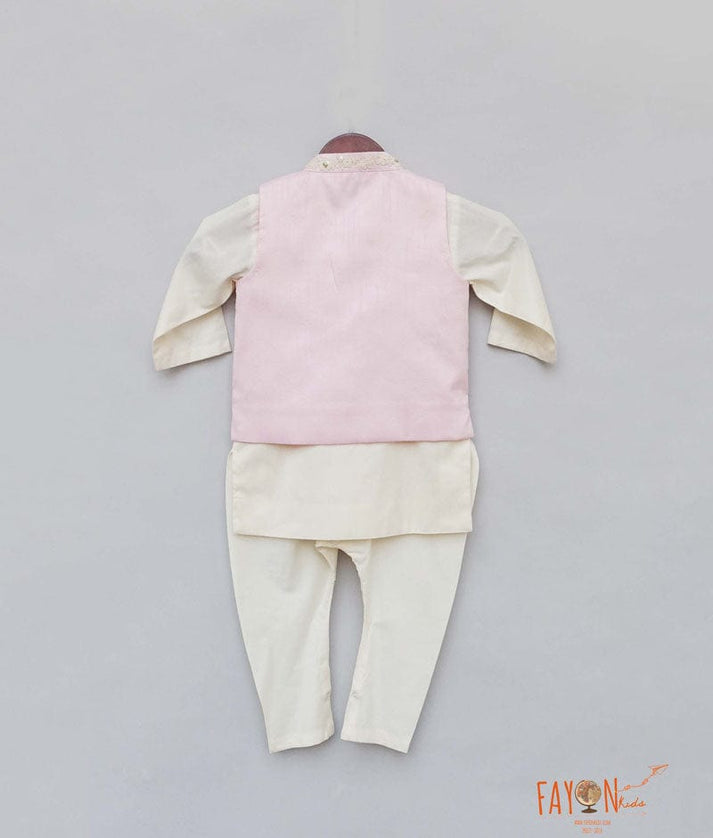 Pink Embroidery Nehru Jacket with Off white Kurta Chudidar for Boys