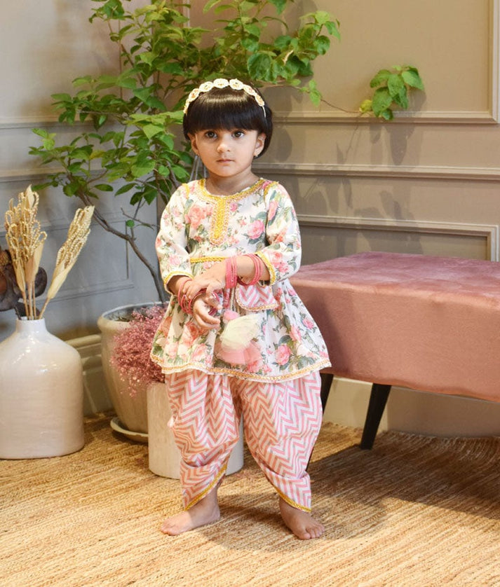 Pink Floral Print Peplum and Dhoti for Girls - Main Image