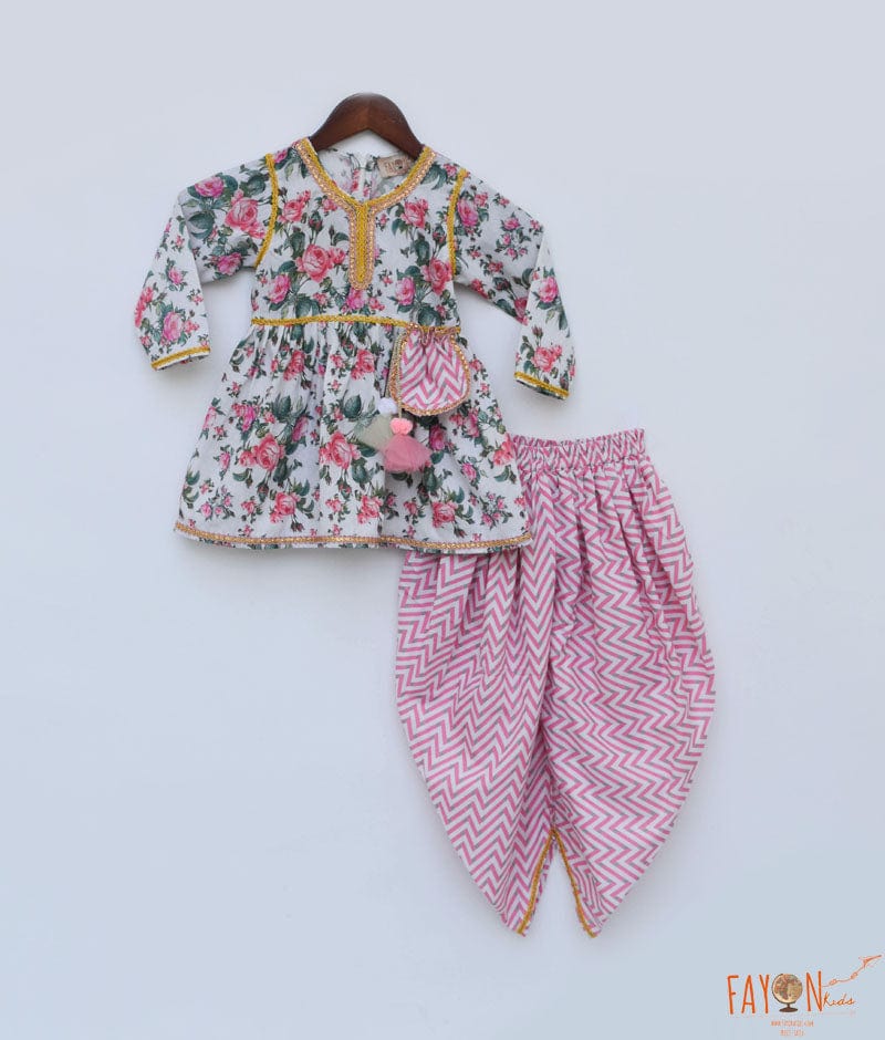 Fayon Kids Pink Floral Print Peplum and Dhoti for Girls