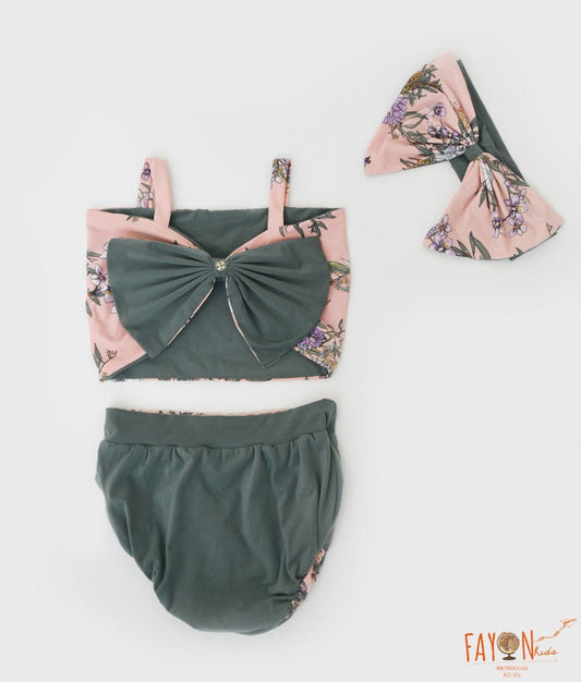 Pink Floral Print Top and Green Swimwear for Girls