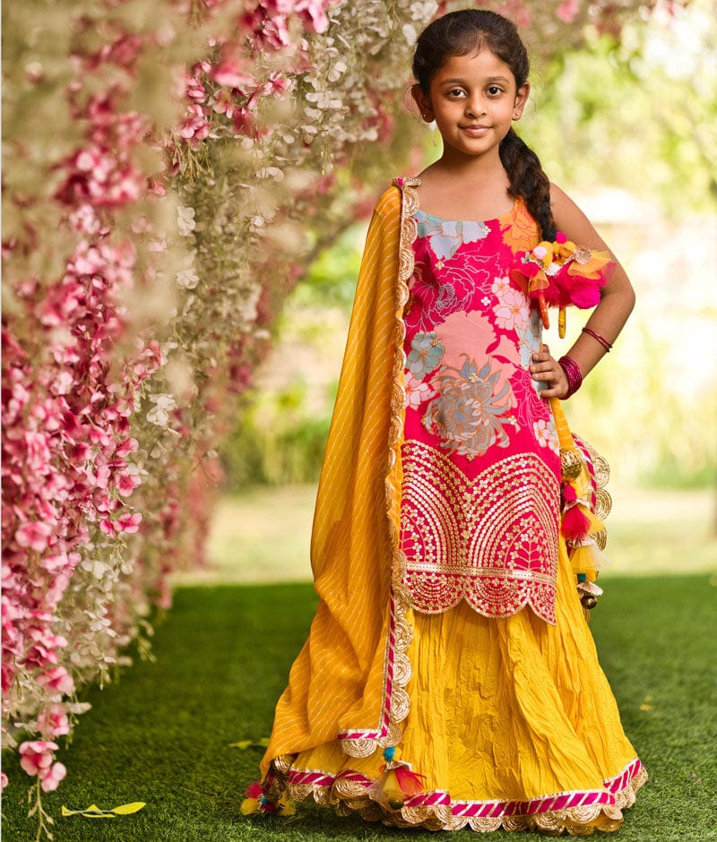 Fayon Kids Pink Georgette Print Kurti and Yellow Ghagraa Dupatta for Girls