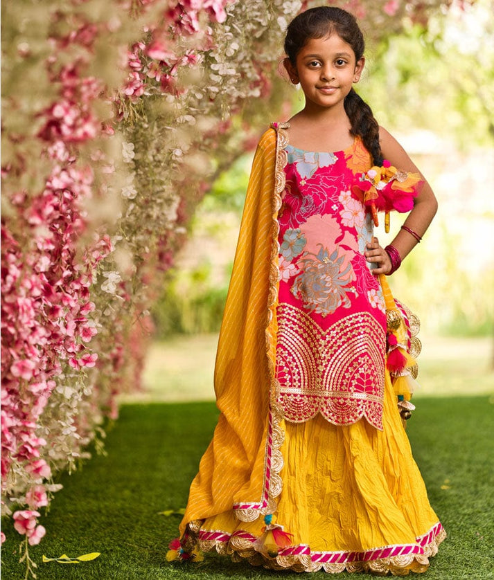 Pink Georgette Print Kurti and Yellow Ghagraa Dupatta for Girls