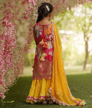 Pink Georgette Print Kurti and Yellow Ghagraa Dupatta for Girls