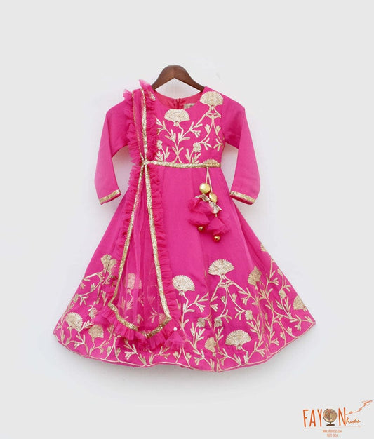 Pink Gota Embroidery Anarkali with Frill Dupatta for Girls
