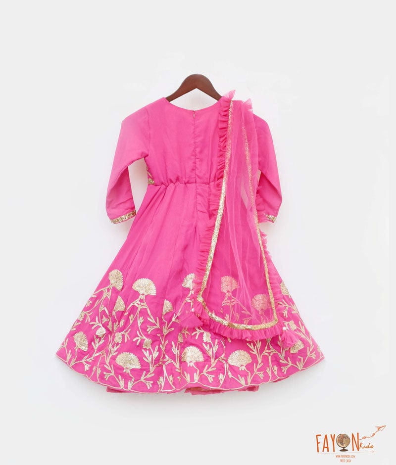 Pink Gota Embroidery Anarkali with Frill Dupatta for Girls