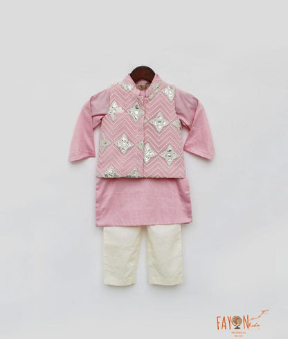 Pink Gota Embroidery Jacket with Pink Kurta Pant for Boys