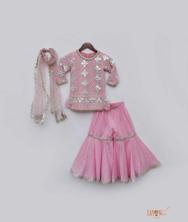 Fayon Kids Pink Gota Embroidery Pink Silk Sharara with Kurti Boti Net Dupatta for Girls
