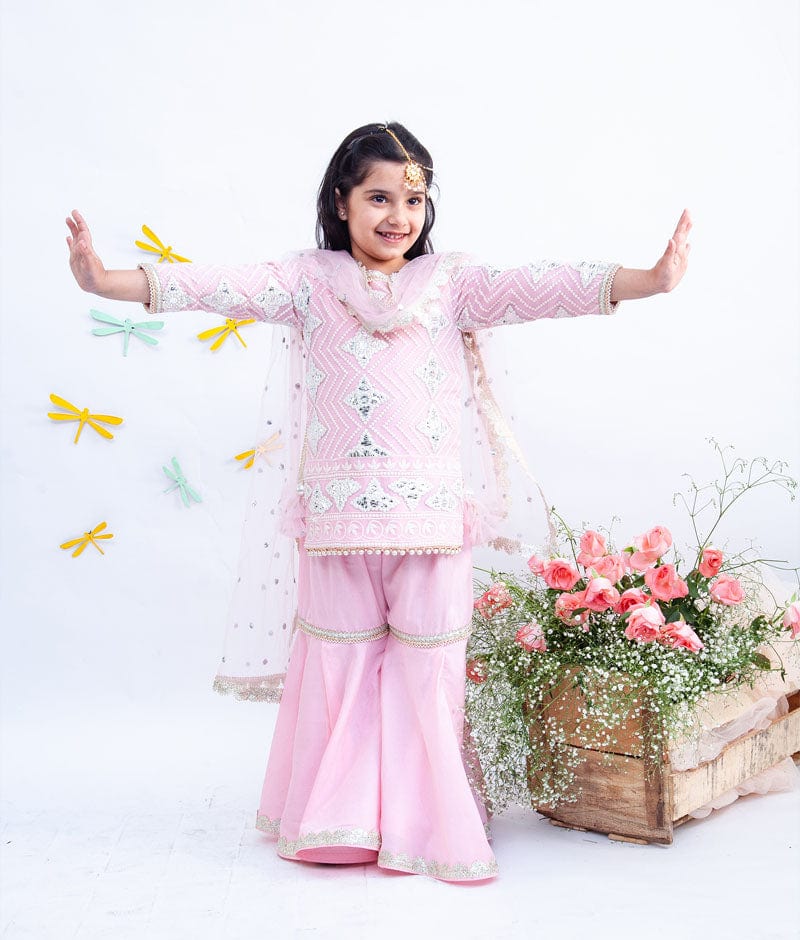 Fayon Kids Pink Gota Embroidery Pink Silk Sharara with Kurti Boti Net Dupatta for Girls
