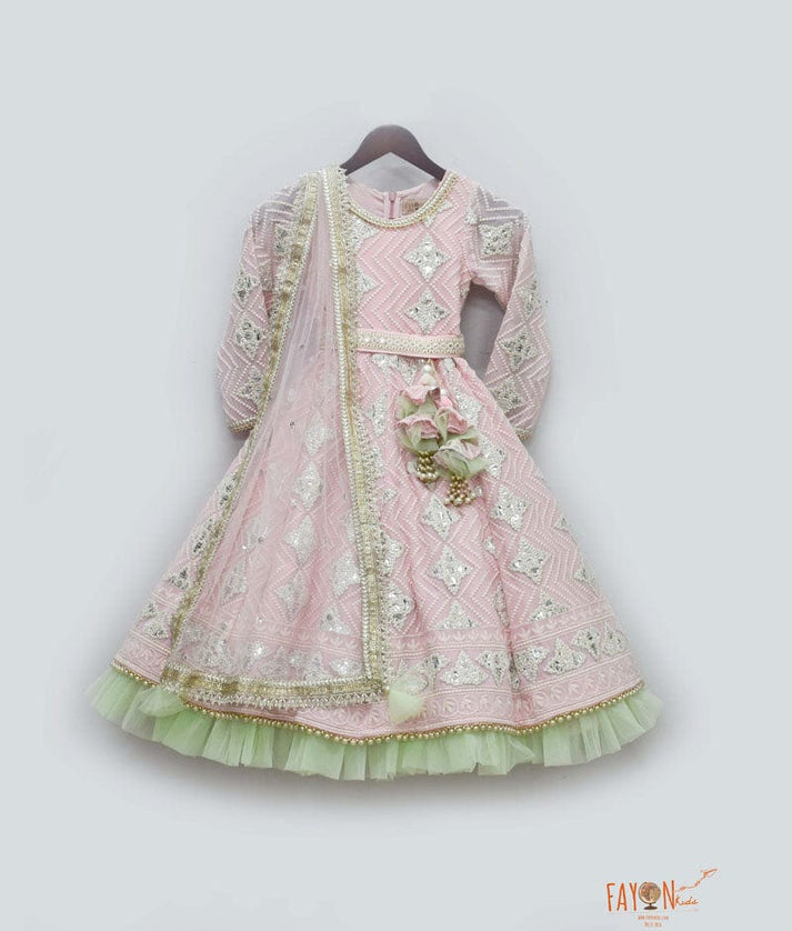 Pink Gota Green Net Frill Embroidery Anarkali with Net Dupatta for Girls
