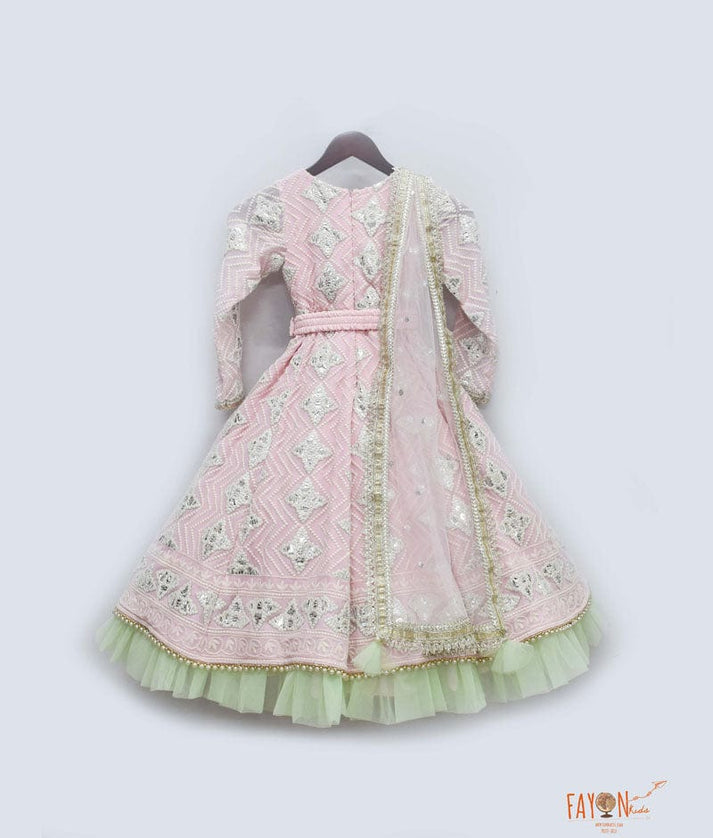 Pink Gota Green Net Frill Embroidery Anarkali with Net Dupatta for Girls