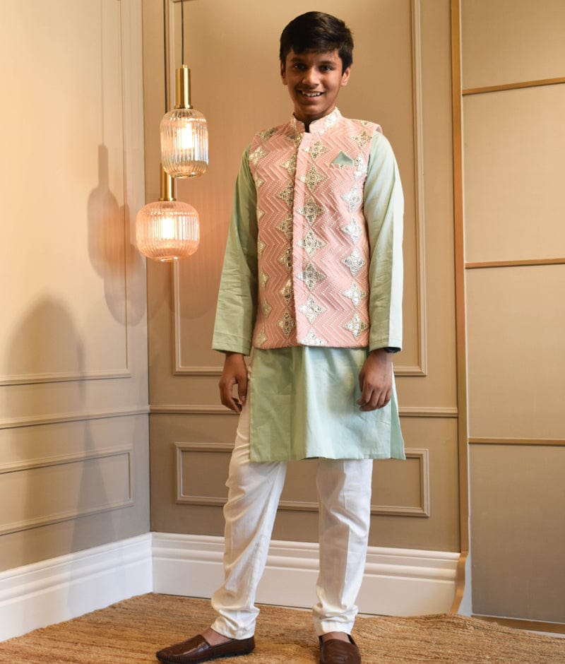 Buy Coral Peach Nehru Jacket And Kurta Set With Resham And Mirror  Embroidered Buttis And Stripe Design Online - Kalki Fashion