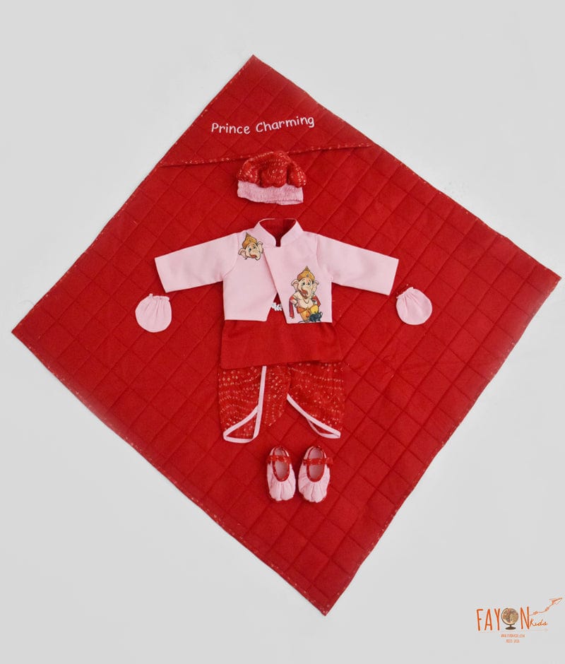 Pink Jacket Red Kurta Jamna Set with Bandhej Dhoti for Boys