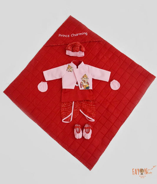Pink Jacket Red Kurta Jamna Set with Bandhej Dhoti for Boys