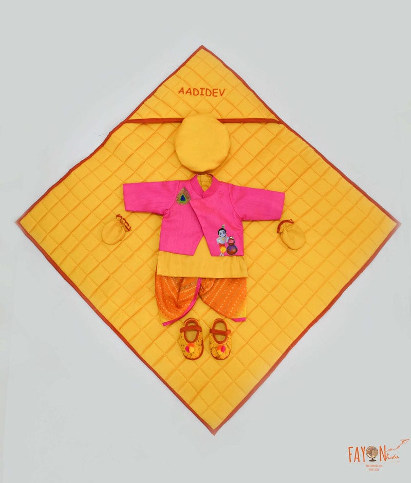 Fayon Kids Pink Jacket Yellow Kurta Jamna Set with Dhoti for Boys