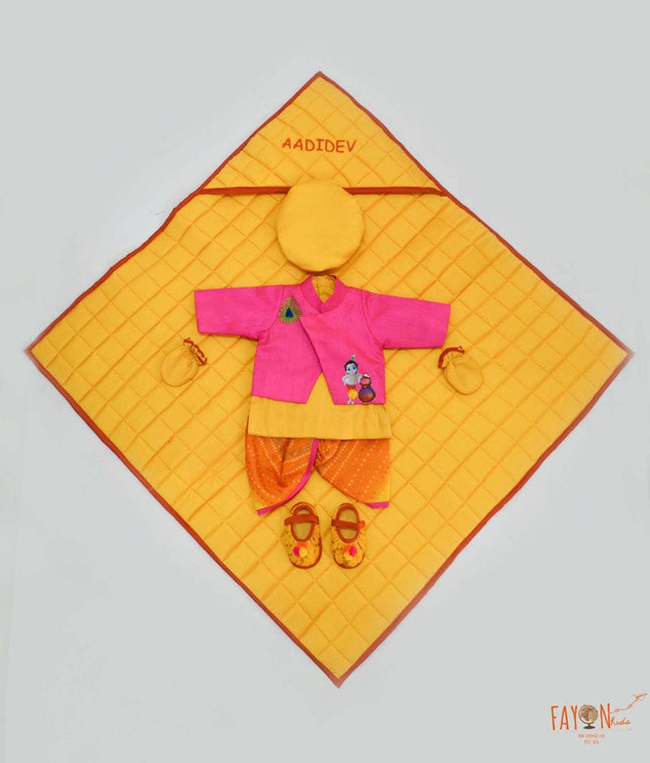 Pink Jacket Yellow Kurta Jamna Set with Dhoti for Boys