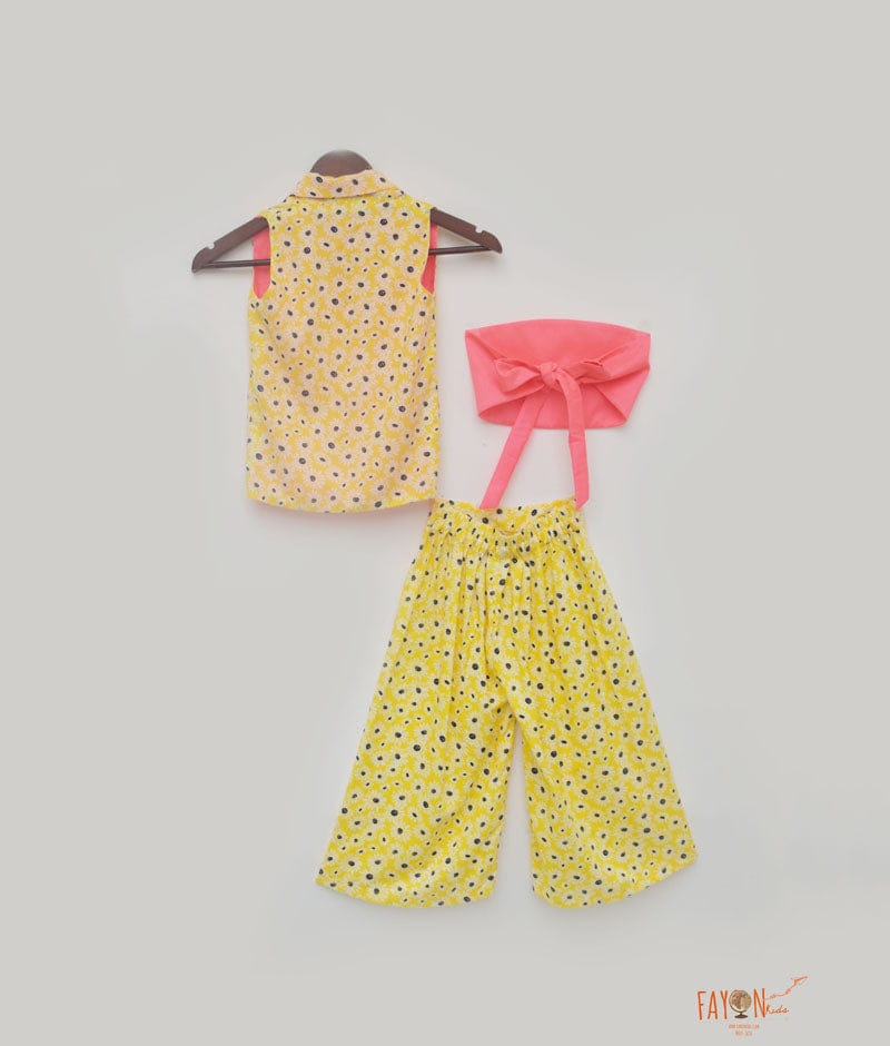 Pink Knotted Top with Printed Jacket and Pants for Girls