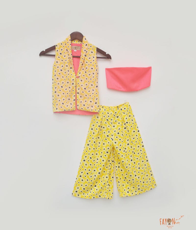 Pink Knotted Top with Printed Jacket and Pants for Girls