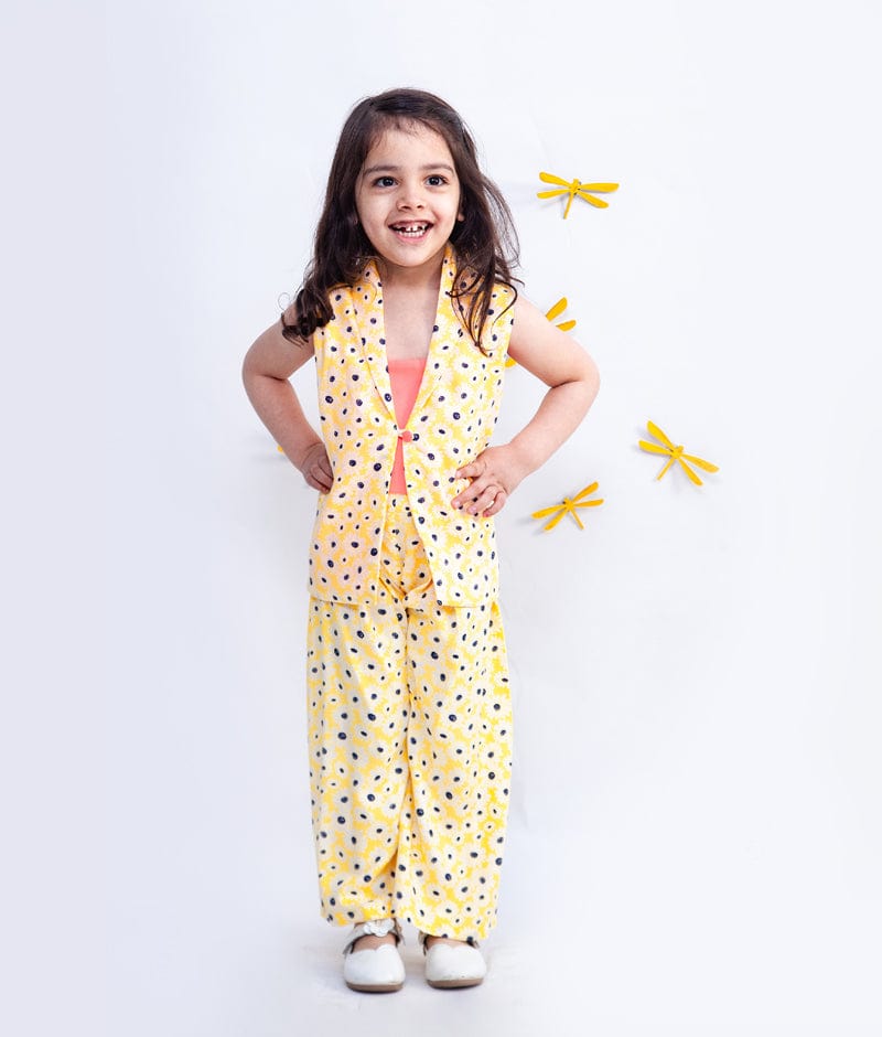 Pink Knotted Top with Printed Jacket and Pants for Girls